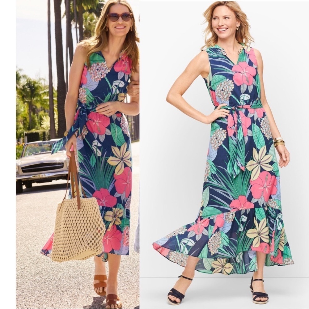 TABOTS VOILE HIBISCUS FLORAL MAXI DRESS HI LOW Size 12 Resortwear Vacation